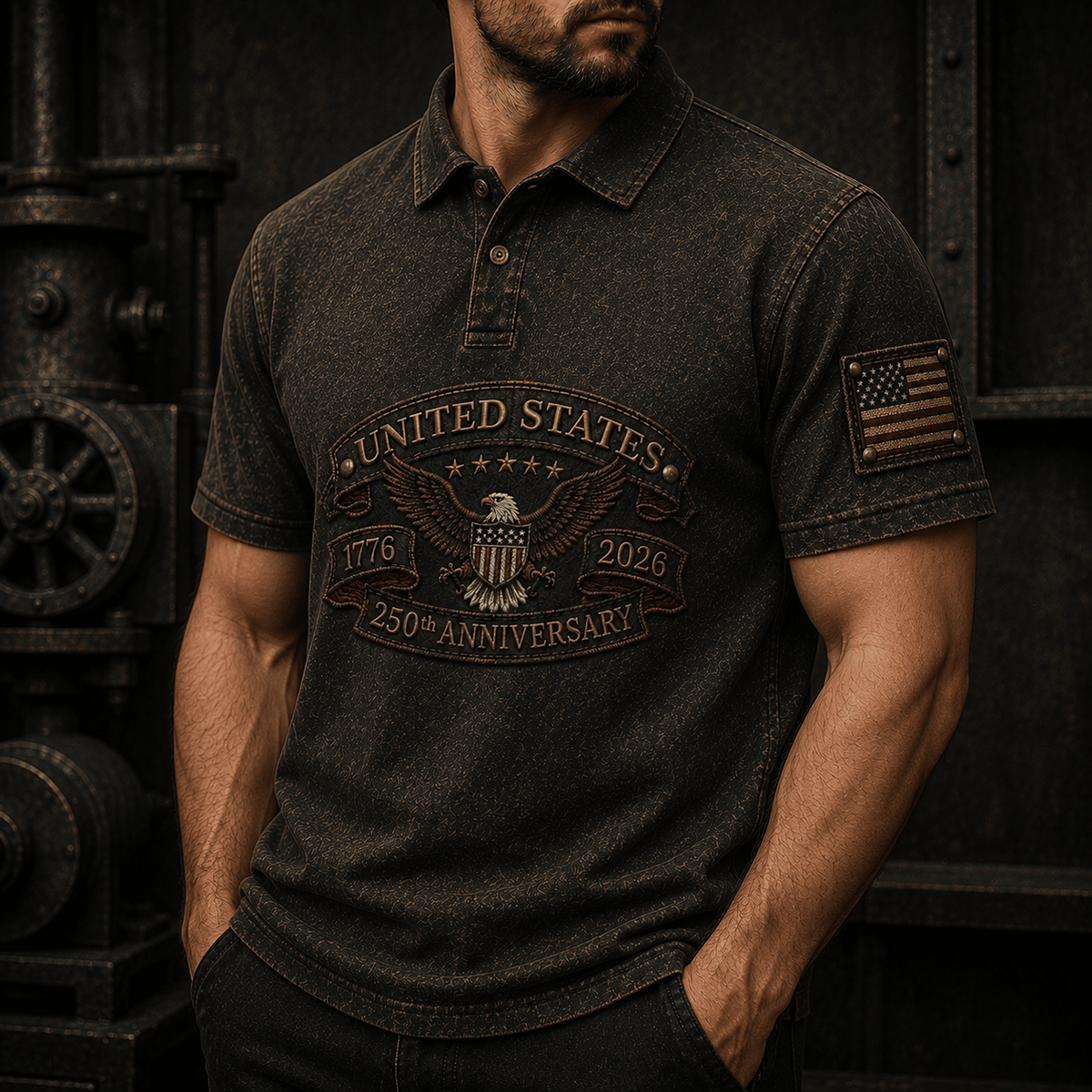United States 1776 2026 250th Anniversary Printed Polo Shirt Patriotic Eagle USA Flag Veteran Gift for Dad Father’s Day Independence Day
