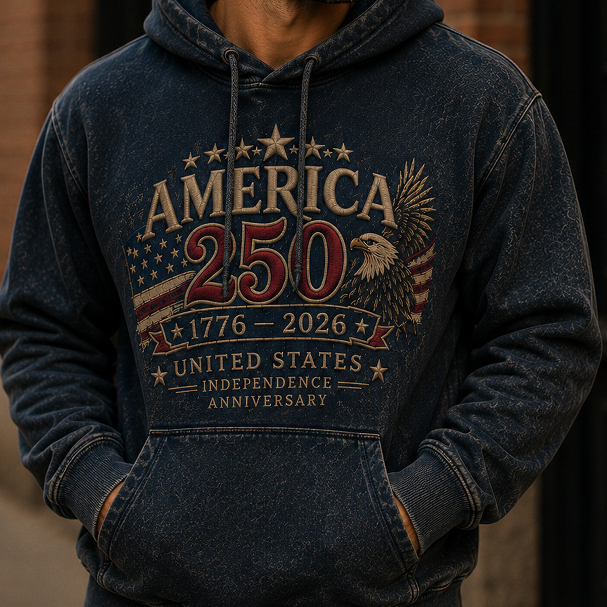 America 250 1776-2026 United States Independence Anniversary Printed Hoodie Patriotic Eagle USA Flag 250th Anniversary Gift
