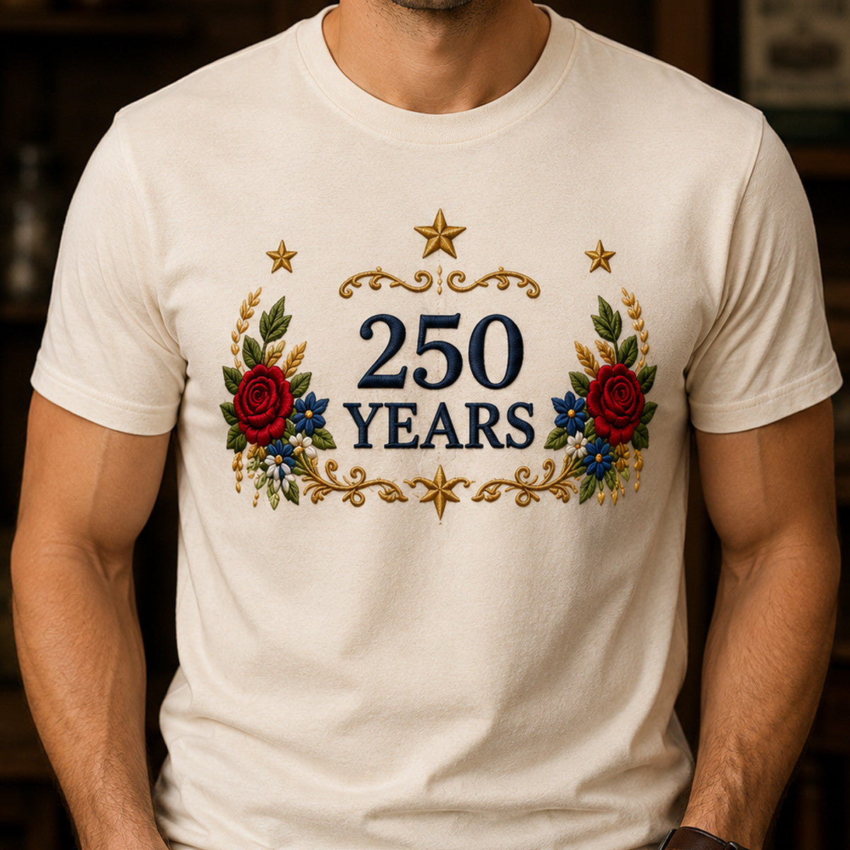 250 Years Printed T-Shirt Patriotic Floral USA Anniversary Shirt Father’s Day Gift for Dad Veteran Independence Day Tee