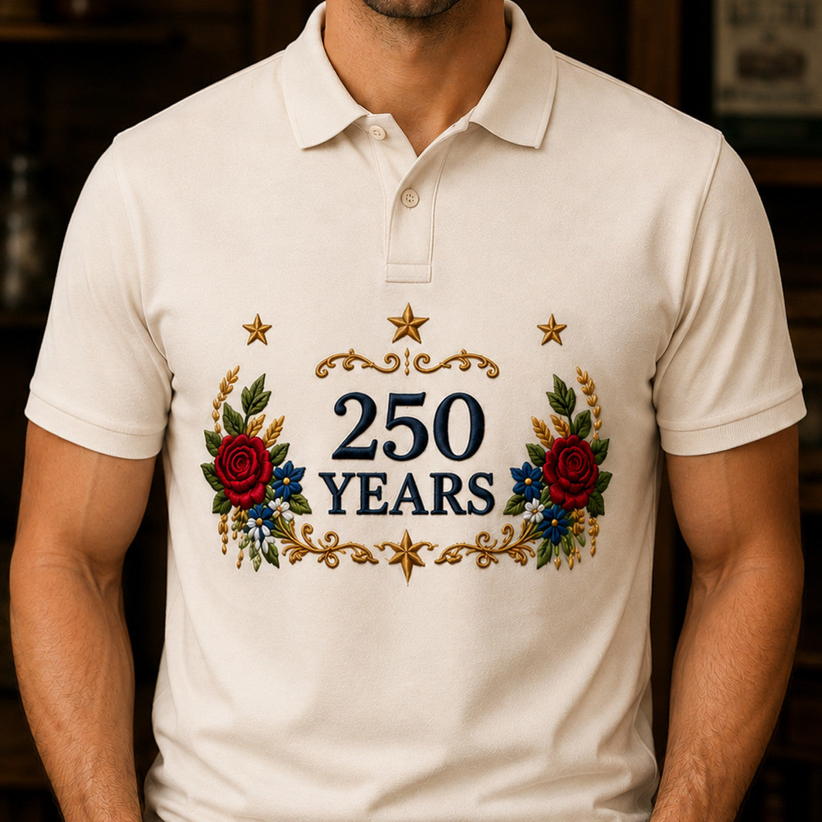 250 Years Printed Polo Shirt Patriotic Floral USA Anniversary Father’s Day Gift for Dad Veteran Memorial Day Polo Tee