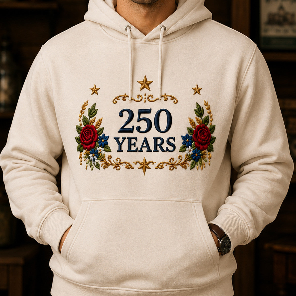 250 Years Printed Hoodie Patriotic Floral USA Anniversary Father’s Day Gift for Dad Veteran Independence Day Pullover