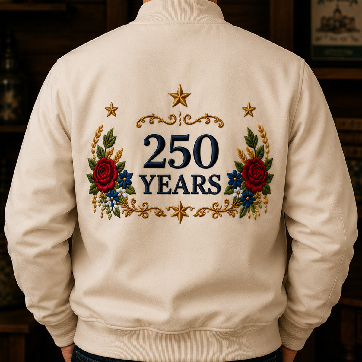 250 Years Printed Bomber Jacket Patriotic Floral USA Anniversary Father’s Day Gift for Dad Veteran Memorial Day Coat