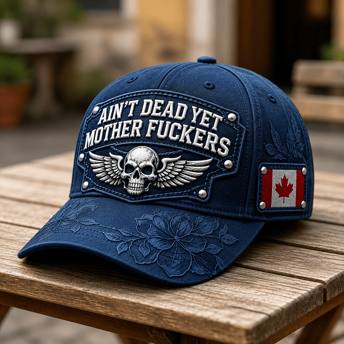Ain't Dead Yet Mother Fuckers Printed Cap Skull Wing Canada Flag Hat Father's Day Gift for Dad Grandpa Veteran Biker