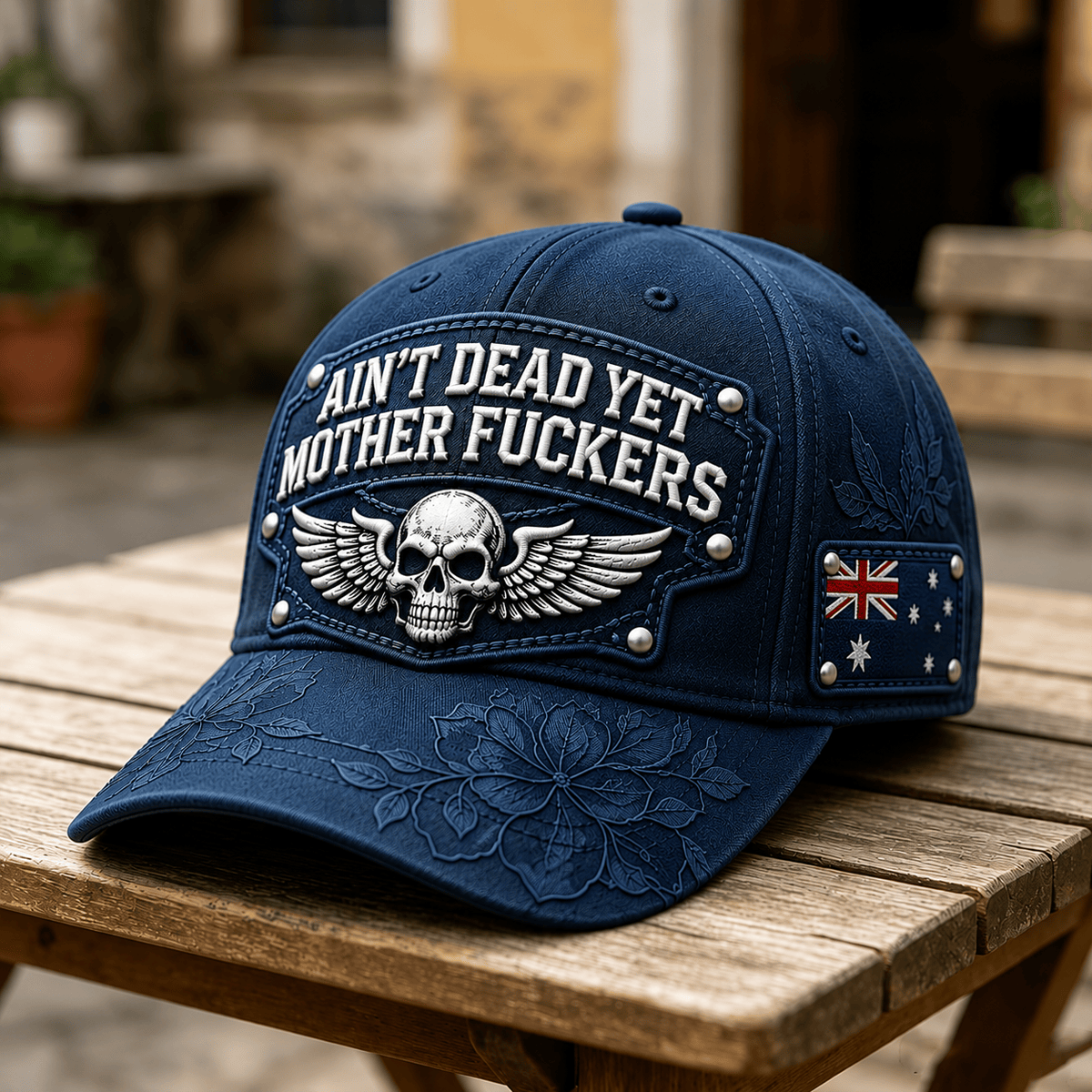 Ain't Dead Yet Mother Fuckers Printed Cap Skull Wing Australia Flag Hat Father's Day Gift for Dad Grandpa Veteran Biker