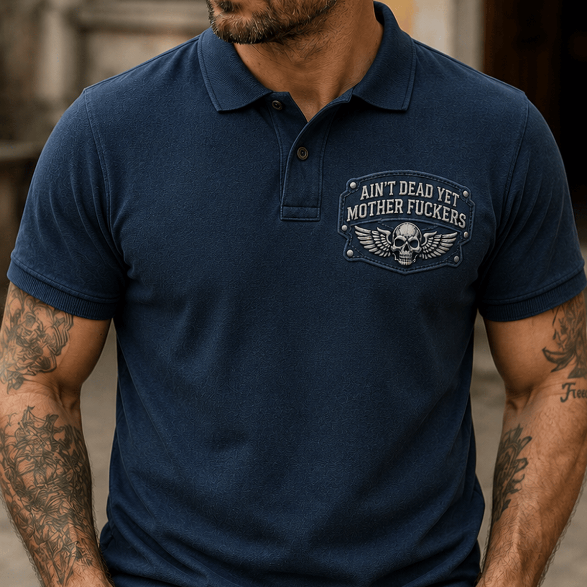 Ain't Dead Yet Mother Fuckers Printed Polo Shirt Skull Wing Biker Father's Day Gift for Dad Grandpa Motorcycle Rider