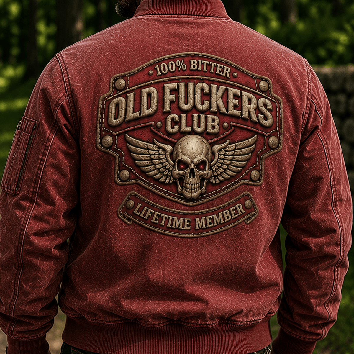 Old Fuckers Club Lifetime Member Printed Bomber Jacket Skull Wing Biker Motorcycle Rider Father's Day Gift for Dad Grandpa Veteran