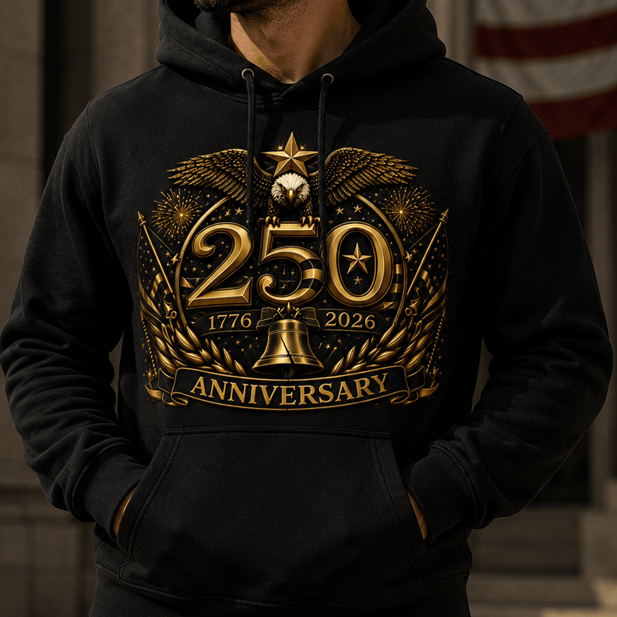 250th Anniversary 1776-2026 Anniversary Printed Hoodie Patriotic Eagle USA Flag Father's Day Gift for Dad Veteran Independence Day