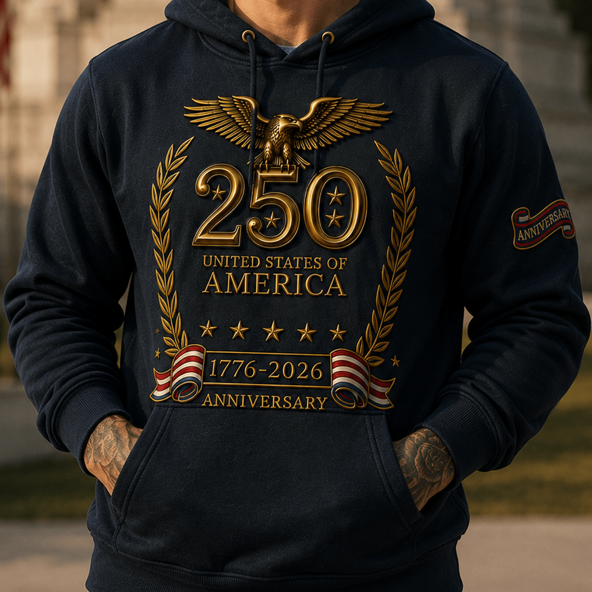 250 United States Of America 1776-2026 Anniversary Printed Hoodie Patriotic Eagle USA Flag Father's Day Gift for Dad Veteran Independence Day