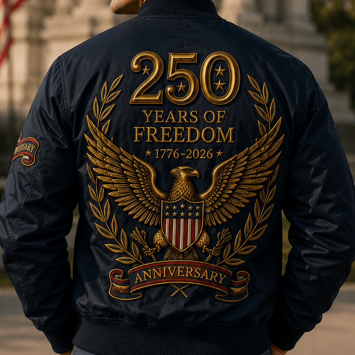 250 Years Of Freedom 1776-2026 Anniversary Printed Bomber Jacket Patriotic Eagle USA Flag Father's Day Gift for Dad Veteran Independence Day