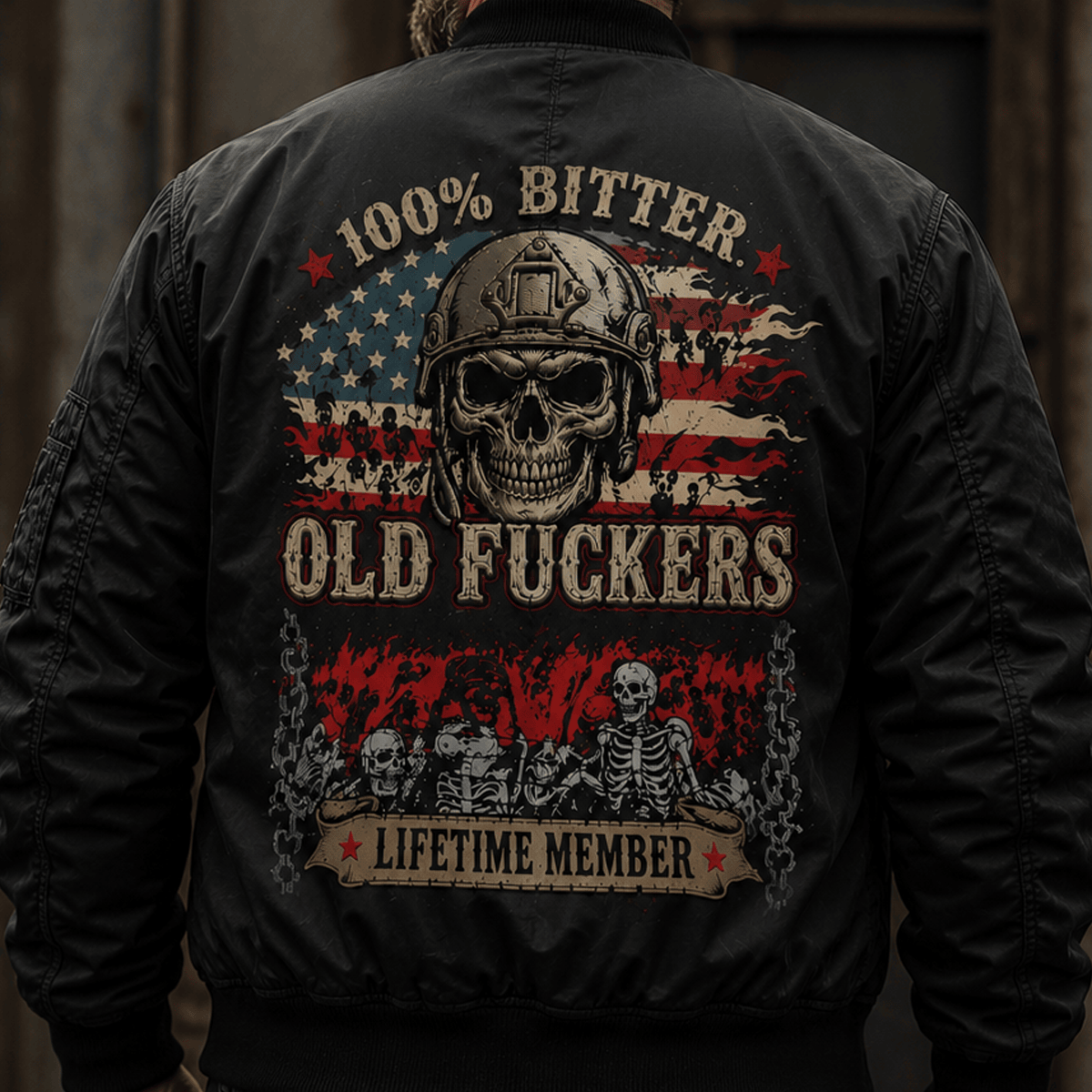 Bitter Old Fuckers Lifetime Member Printed Bomber Jacket Skull Veteran Patriotic USA Flag Father's Day Gift for Dad Grandpa