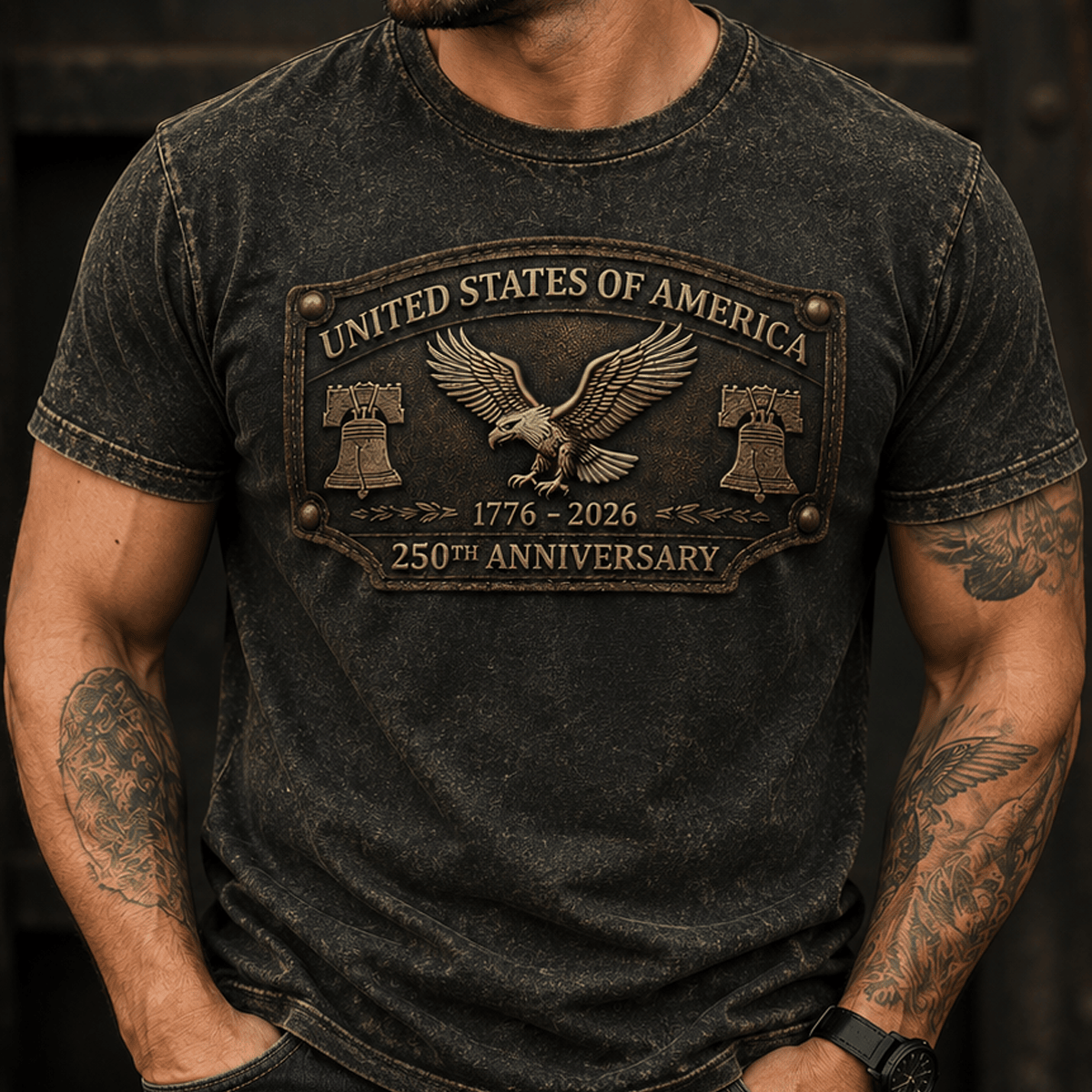 United States Of America 1776-2026 250th Anniversary Printed T Shirt Patriotic Eagle USA Flag Independence Day Gift for Dad
