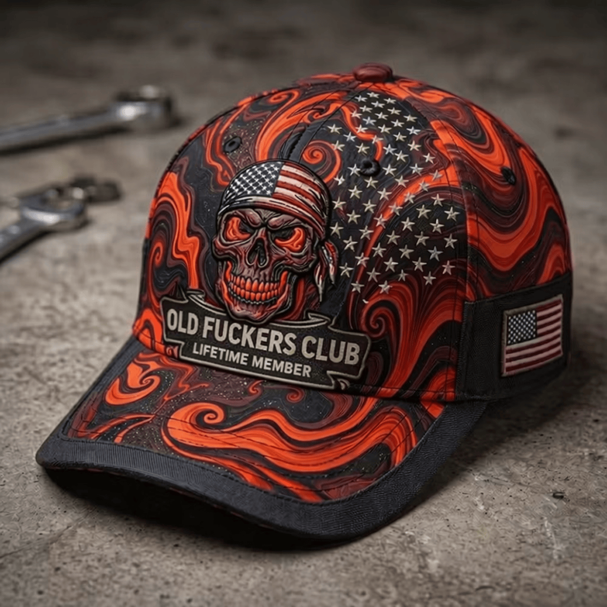 Old Fuckers Club Lifetime Member Printed Cap Skull American Flag Hat Biker Gift for Dad Grandpa Patriotic Motorcycle Cap