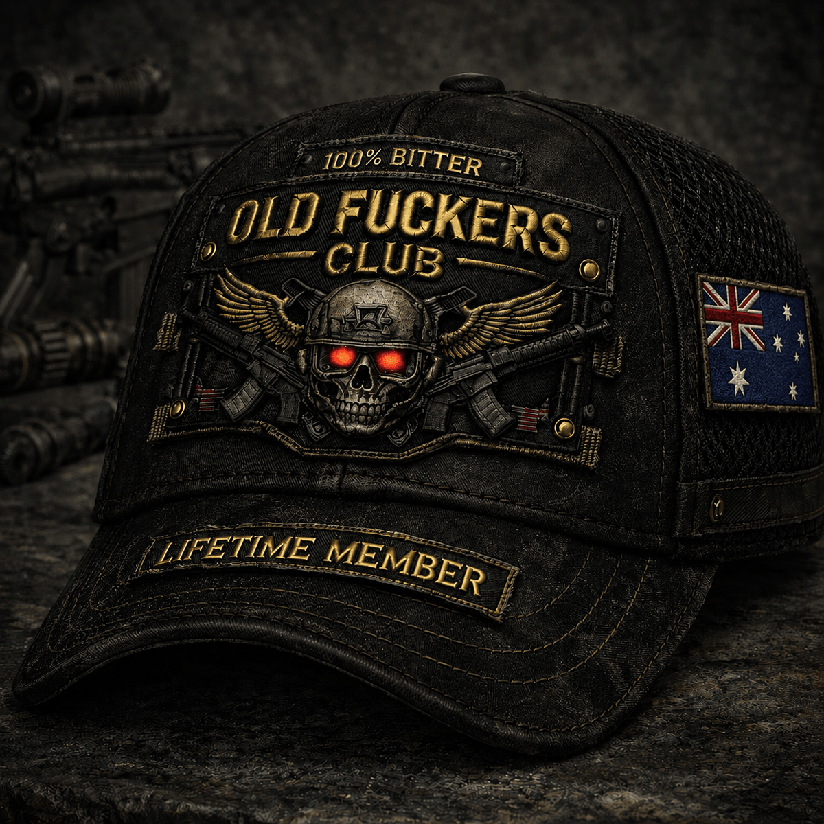 Old Fuckers Club Lifetime Member Printed Cap Skull Australian Veteran Trucker Hat Gift for Dad Grandpa Motorcycle Rider