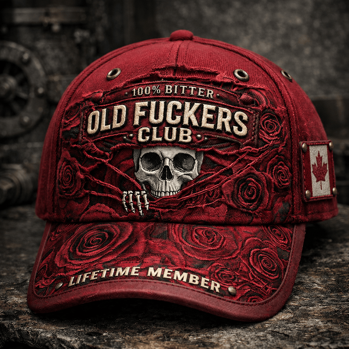 Old Fuckers Club Lifetime Member Printed Cap Skull Rose Gothic Canadian Trucker Hat Father's Day Gift for Dad Grandpa