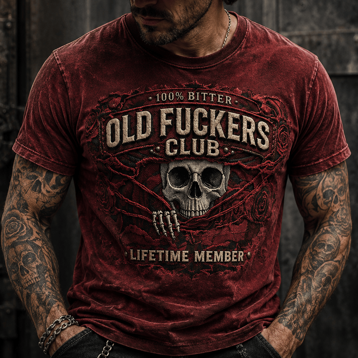 Bitter Old Fuckers Club Lifetime Member Printed T Shirt Skull Rose Gothic Gift for Dad Grandpa Father's Day
