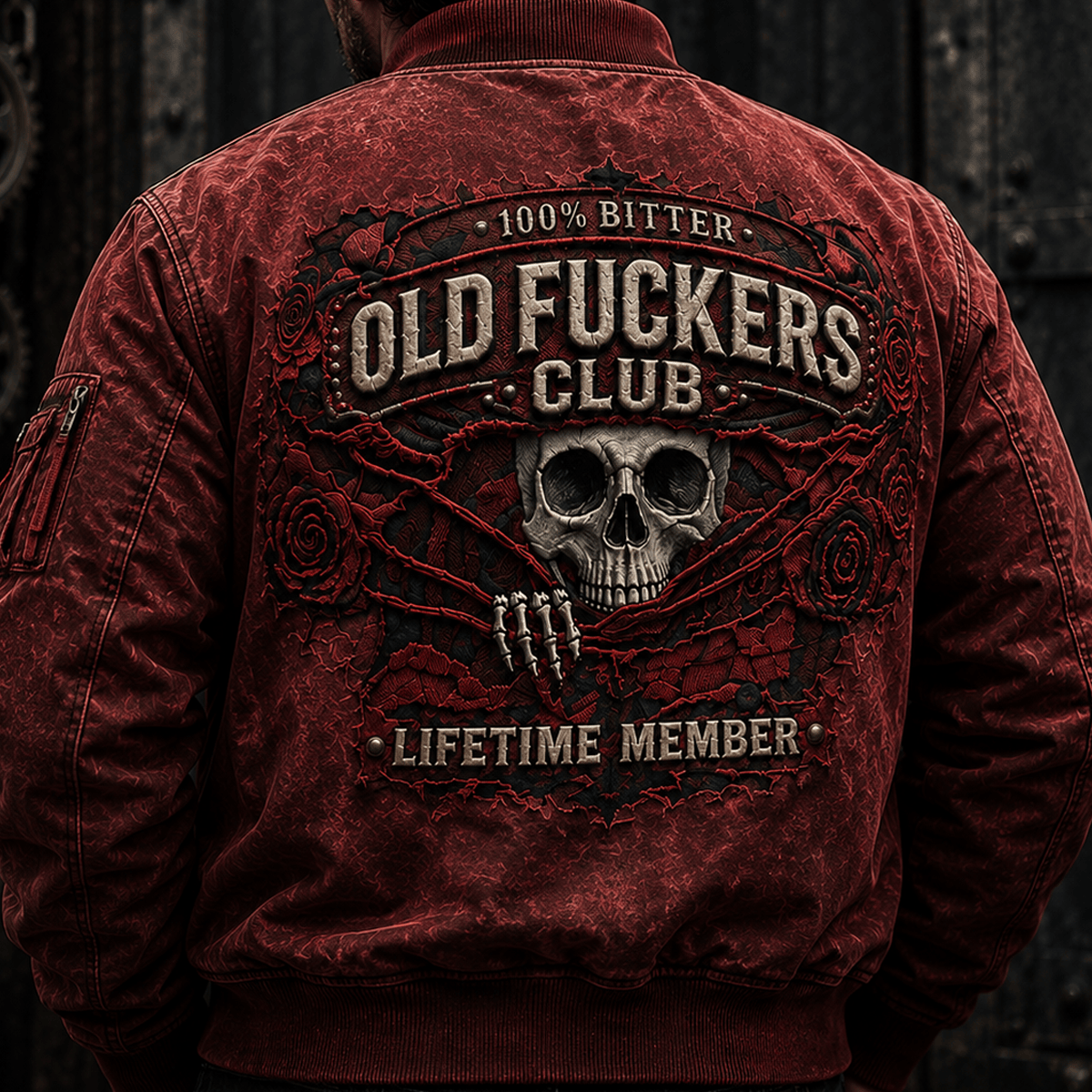 Bitter Old Fuckers Club Lifetime Member Printed Bomber Jacket Skull Rose Gothic Father's Day Gift for Dad Grandpa