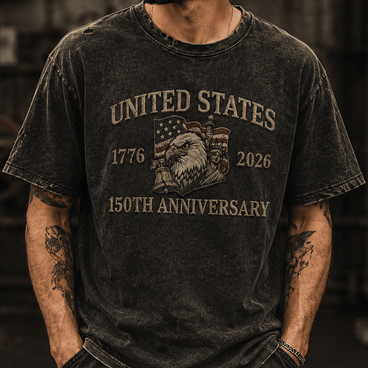 United States 1776 2026 250th Anniversary Printed T Shirt Patriotic Eagle Liberty Bell USA Flag Independence Day Father's Day Gift