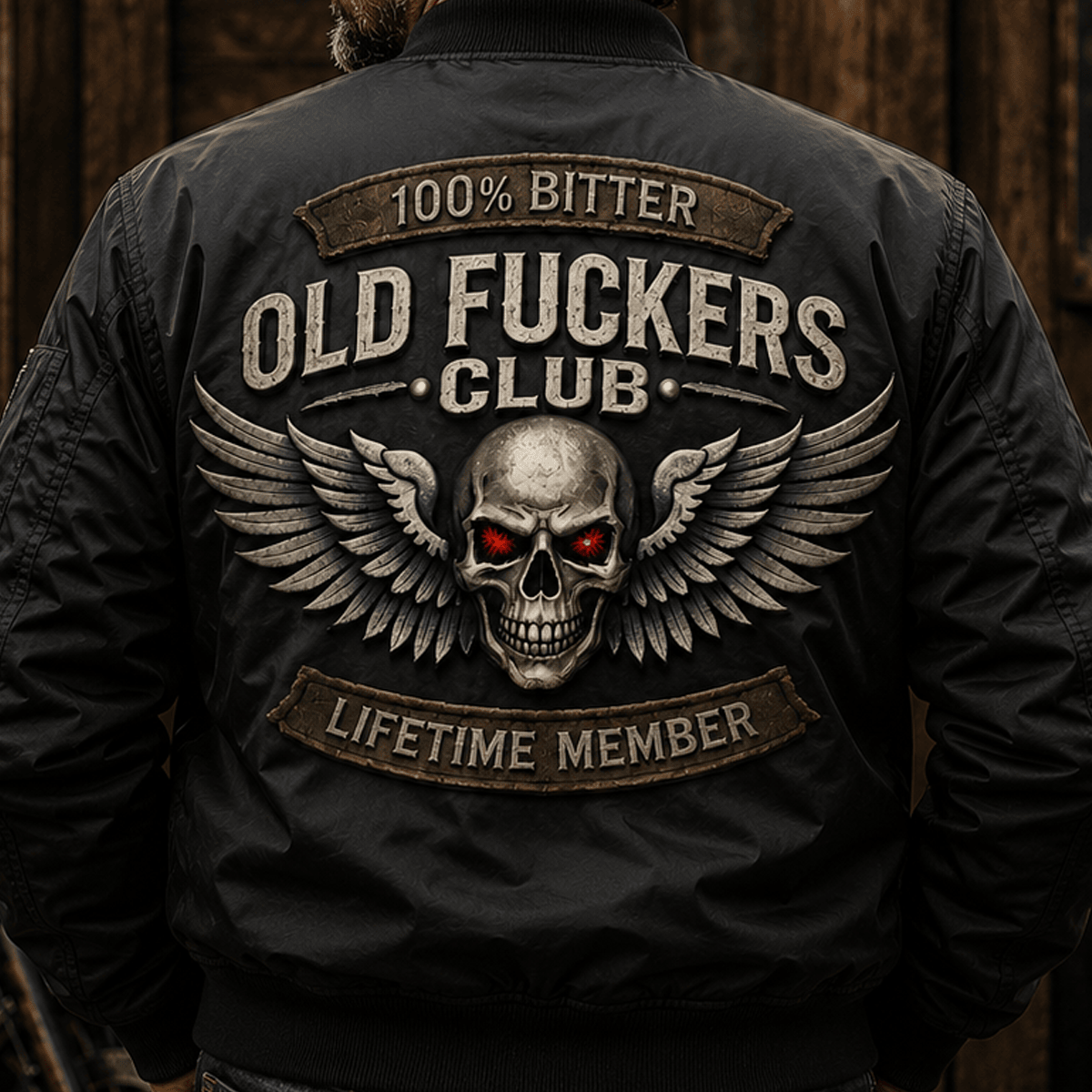 Old Fuckers Club Lifetime Member Printed Bomber Jacket Skull Wings Graphic Biker Motorcycle Rider Father's Day Gift for Dad Grandpa Veteran