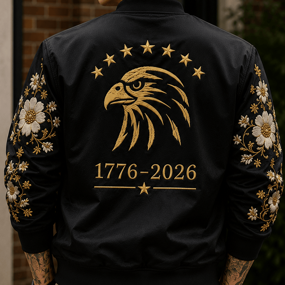 1776–2026 Eagle Floral Printed Bomber Jacket USA 250th Anniversary Patriotic Jacket Independence Day Gift for Women Mom Grandma