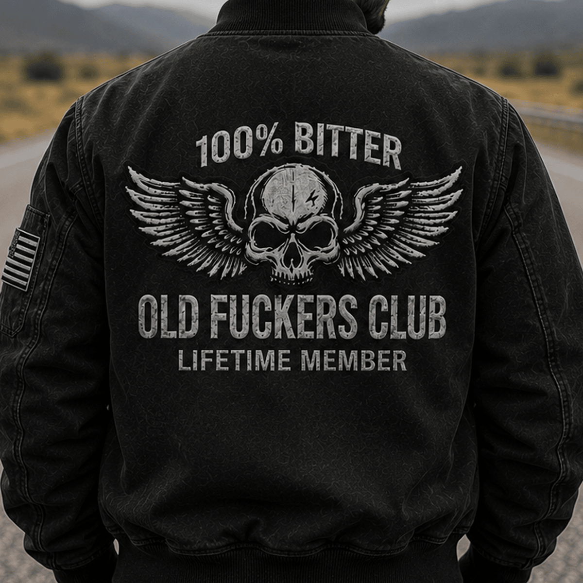 Bitter Old Fuckers Club Lifetime Member Printed Bomber Jacket Patriotic Skull Biker Dad Gift Grandpa Father’s Day