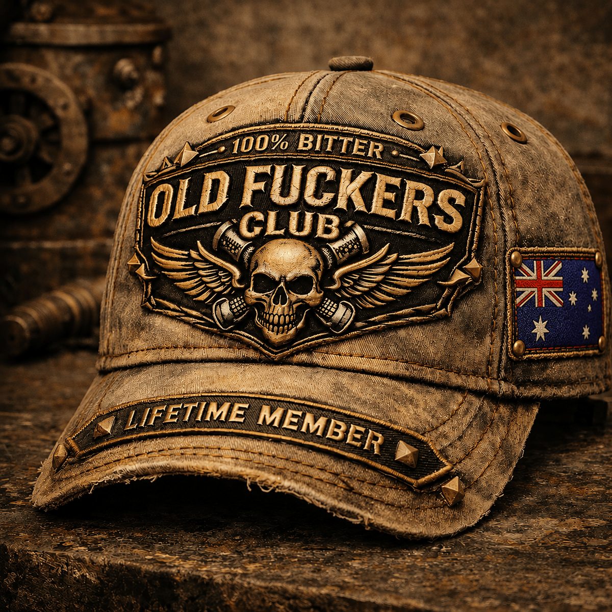 Old Fuckers Club Lifetime Member Printed Cap, Skull Wing Biker Hat, Vintage Australia Flag Dad Gift, Father's Day Cap