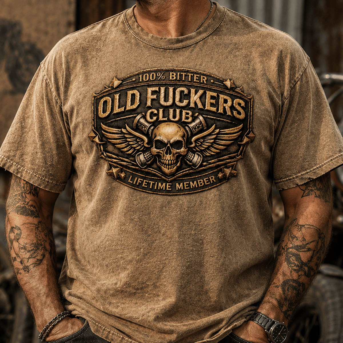 Old Fuckers Club Lifetime Member Printed T-Shirt, Skull Wing Biker Graphic Tee, Vintage Dad Gift, Father's Day Shirt