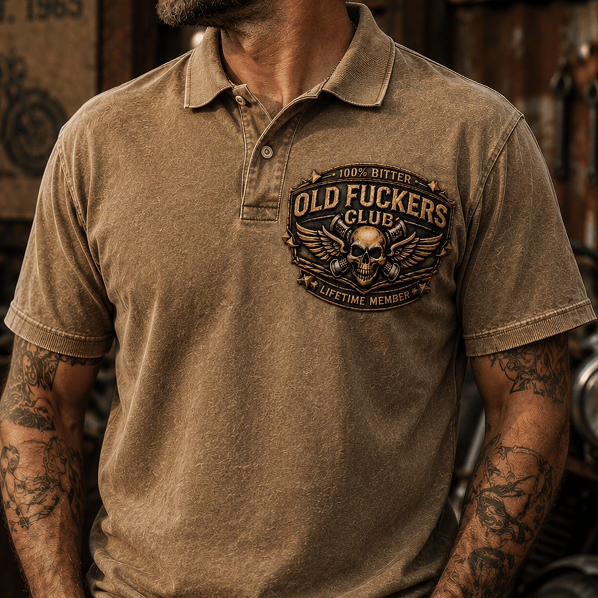 Old Fuckers Club Lifetime Member Printed Polo Shirt, Skull Wing Biker Polo, Vintage Dad Gift, Father's Day Apparel