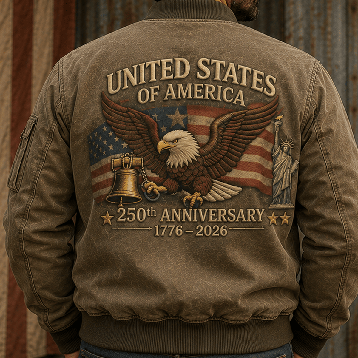 United States Of America 250th Anniversary 1776–2026 Printed Bomber Jacket, Patriotic Eagle USA Flag Veteran Gift, Father's Day Gift
