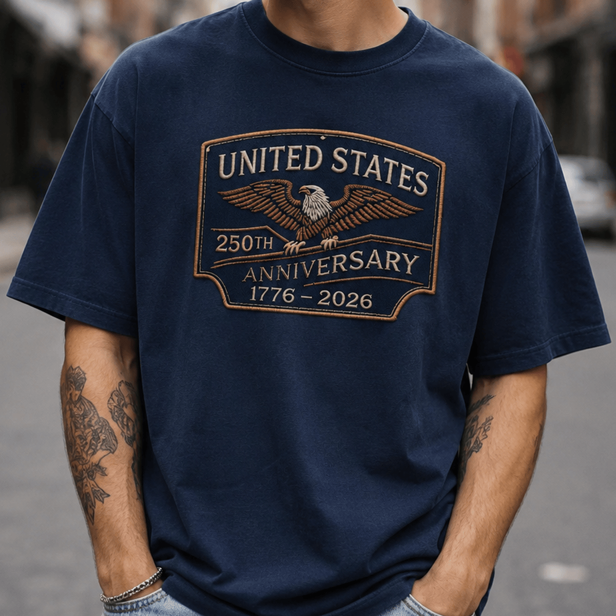 United States 250th Anniversary 1776–2026 Printed T-Shirt, Patriotic Eagle USA Flag Graphic Tee, America 250 Gift for Men