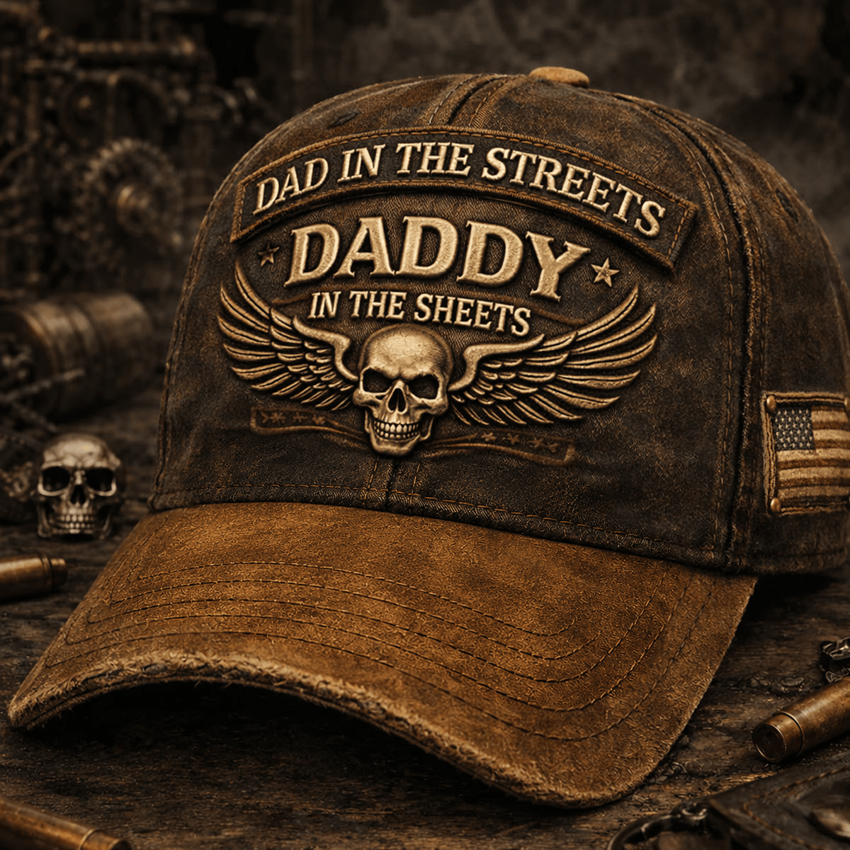 Dad In The Streets Daddy In The Sheets Printed Cap, Skull Wings Graphic Hat, Funny Father's Day Gift for Dad Biker Style