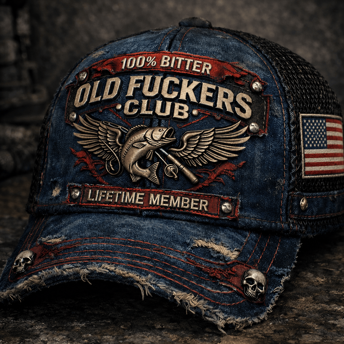 Bitter Old Fuckers Club Lifetime Member Printed Cap, Vintage Fishing Hat, USA Flag Trucker Cap Gift for Fisherman Grandpa Dad