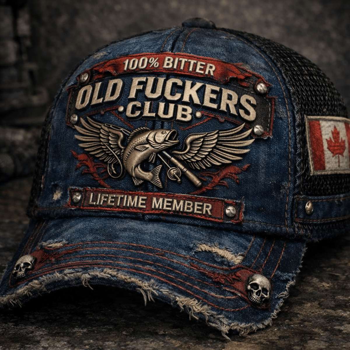 Bitter Old Fuckers Club Lifetime Member Printed Cap, Vintage Fishing Hat, Canada Flag Trucker Cap Gift for Fisherman Grandpa