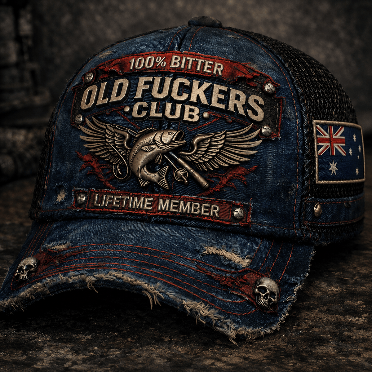 Bitter Old Fuckers Club Lifetime Member Printed Cap, Vintage Fishing Hat, Australia Flag Trucker Cap Gift for Fisherman Dad