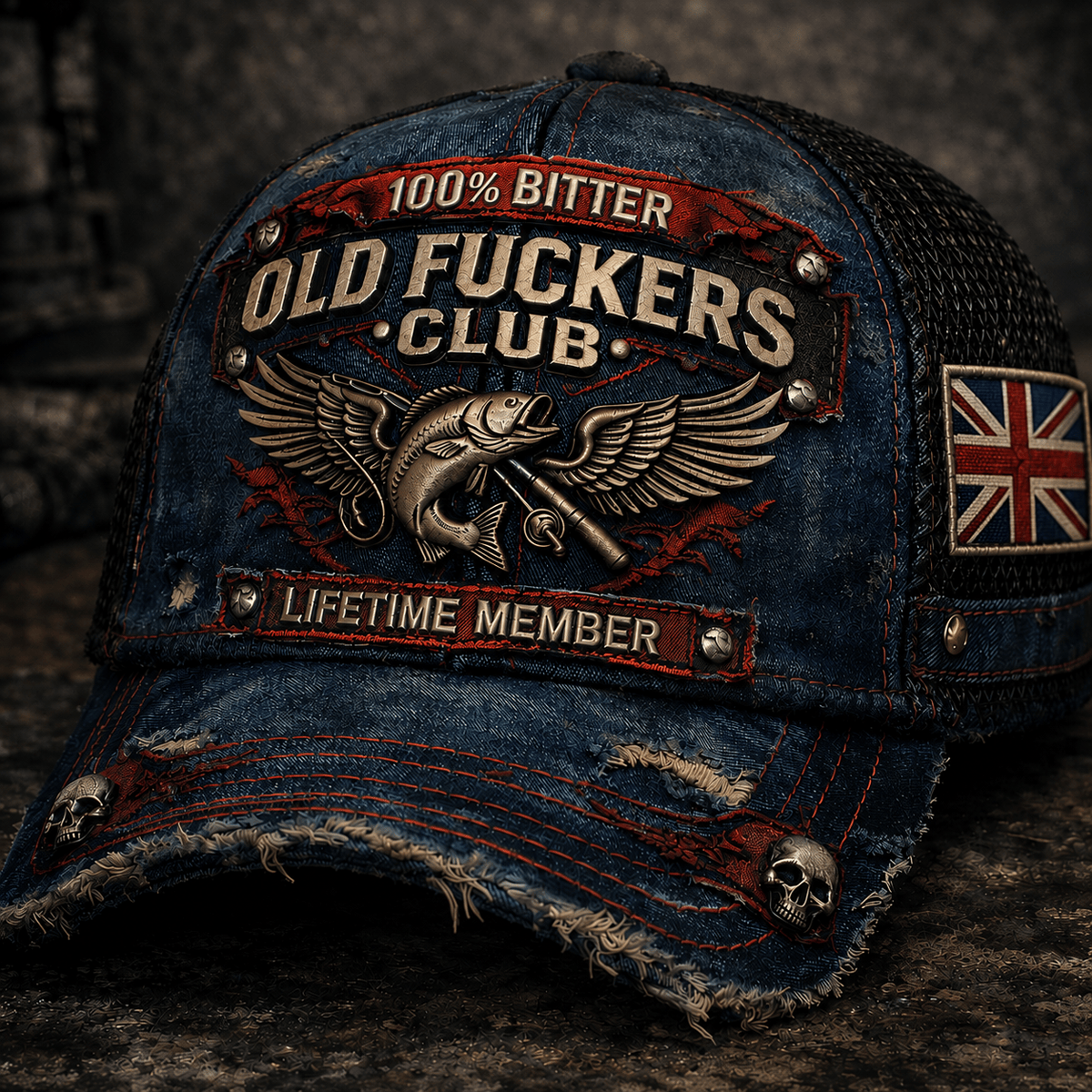 Bitter Old Fuckers Club Lifetime Member Printed Cap, Vintage Fishing Hat, UK Flag Trucker Cap Gift for Fisherman Grandpa Dad