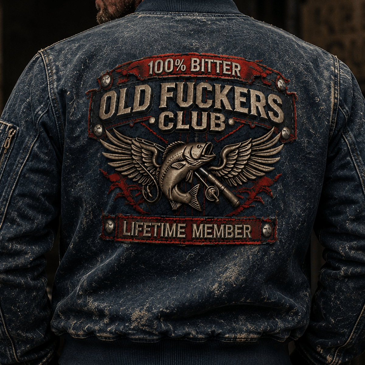 Bitter Old Fuckers Club Lifetime Member Printed Bomber Jacket, Vintage Fishing Graphic Jacket, Fisherman Gift for Dad Grandpa Retirement