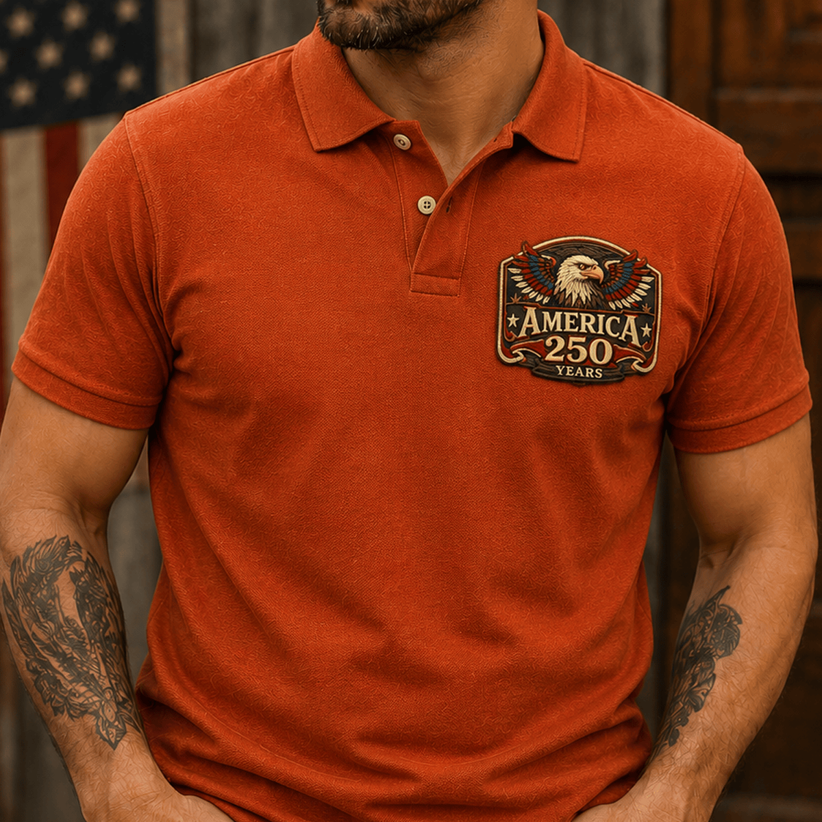 America 250 Years Eagle Printed Polo Shirt Patriotic USA Flag Veteran Gift for Dad Father's Day Independence Day