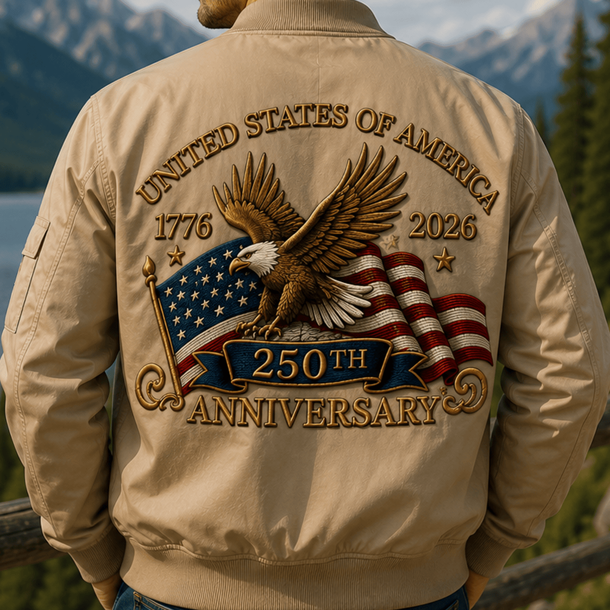 United States Of America 250th Anniversary Printed Bomber Jacket Eagle USA Flag 1776-2026 Patriotic Veteran Father's Day Gift