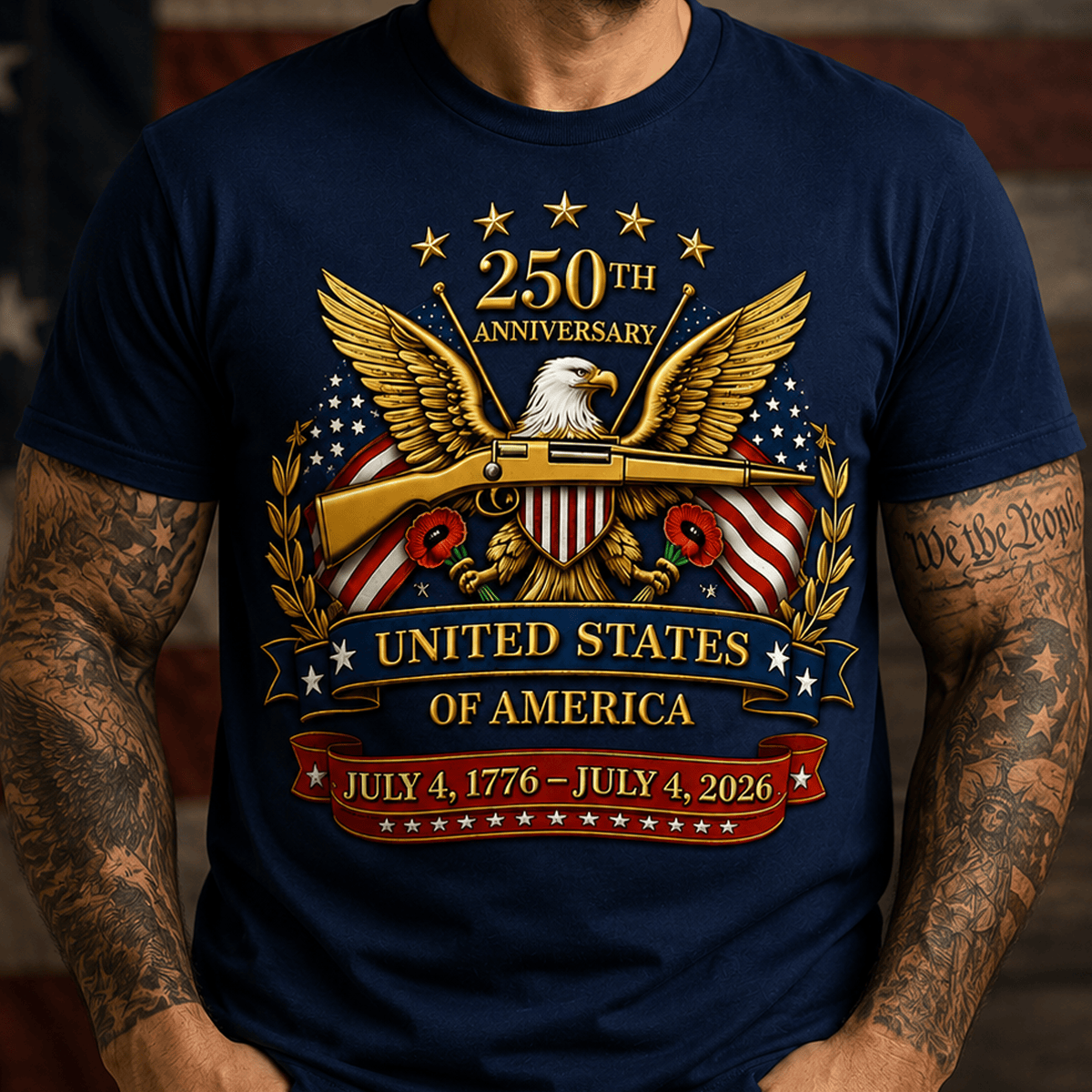 250th Anniversary United States Of America July 4 1776–July 4 2026 Printed T-Shirt Patriotic Eagle USA Flag Father's Day Gift for Dad Veteran Tee