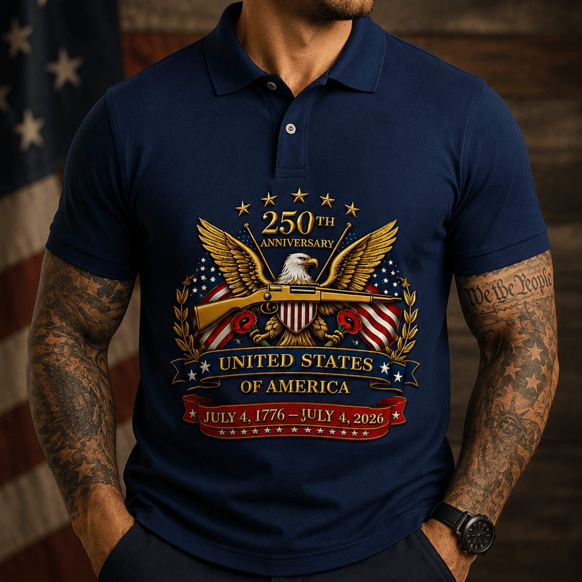 250th Anniversary United States Of America July 4 1776–July 4 2026 Printed Polo Shirt Patriotic Eagle USA Flag Father's Day Gift Veteran Apparel