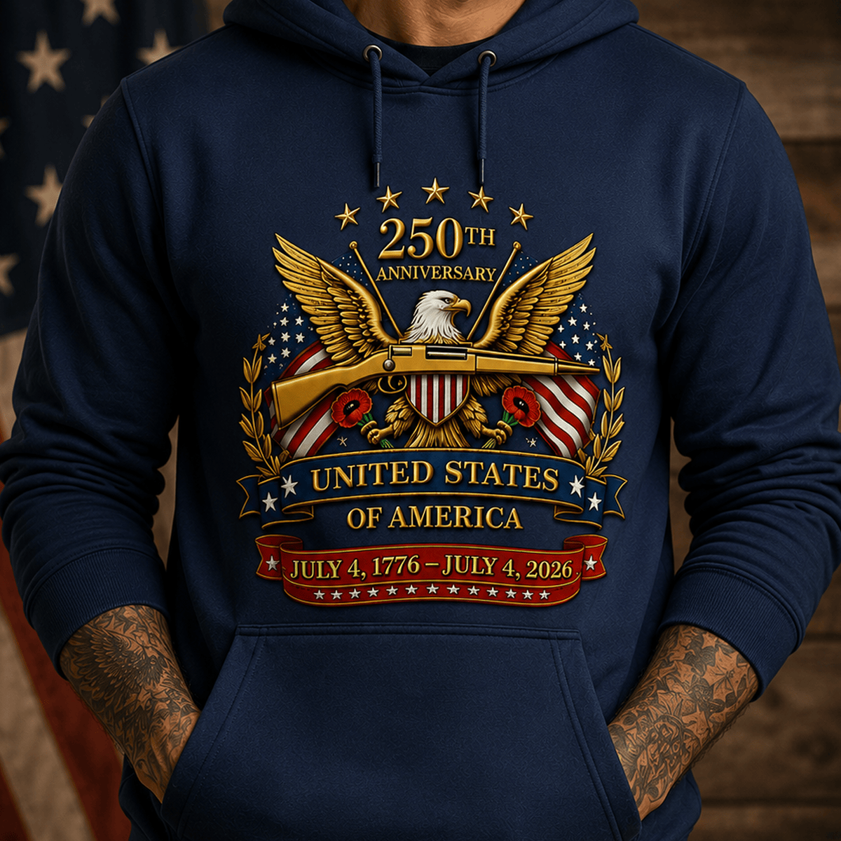 250th Anniversary United States Of America July 4 1776–July 4 2026 Printed Hoodie Patriotic Eagle USA Flag Father's Day Gift for Dad Veteran Pullover