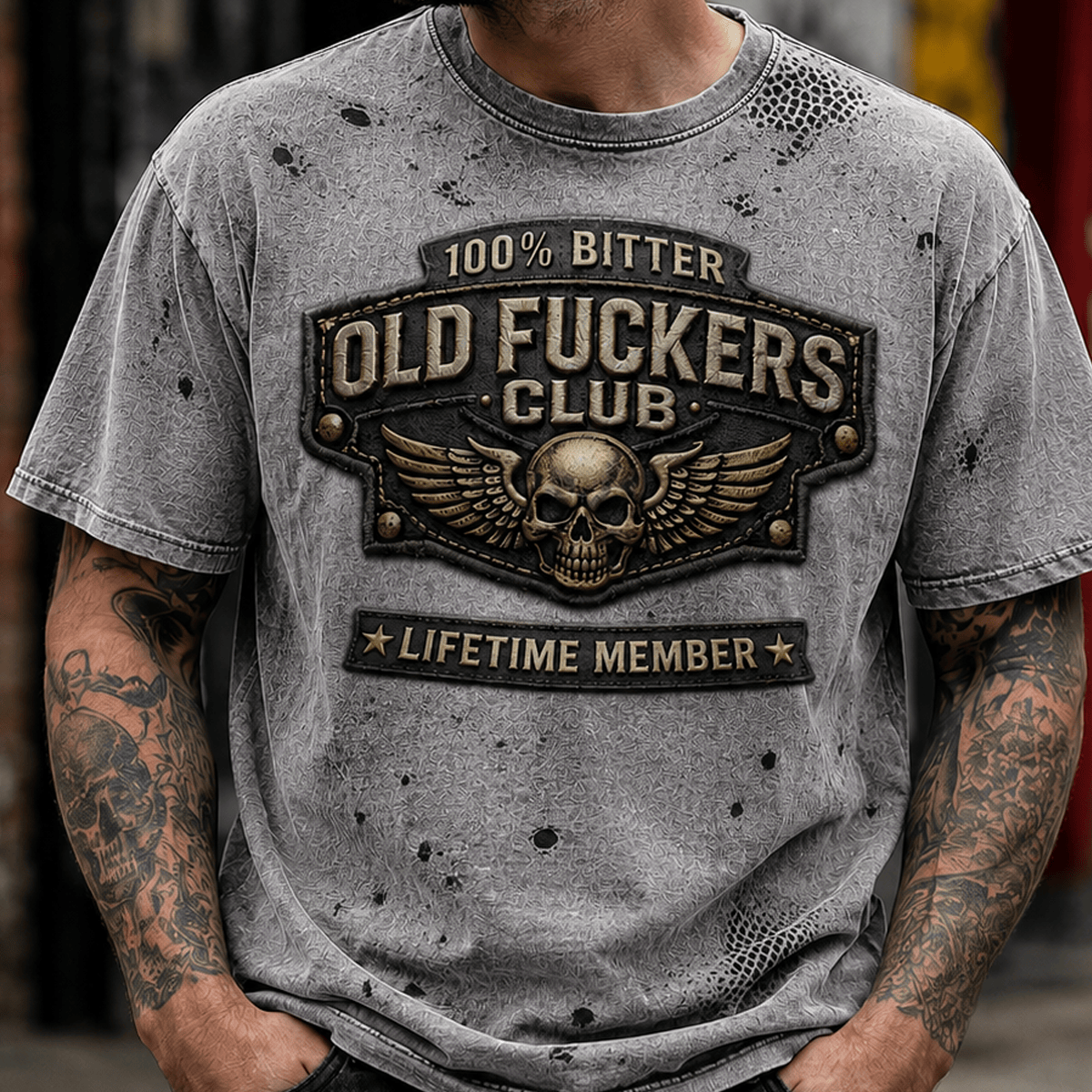 Bitter Old Fuckers Club Lifetime Member Printed T-Shirt Skull Wings Father's Day Gift for Dad Grandpa Veteran Graphic Tee