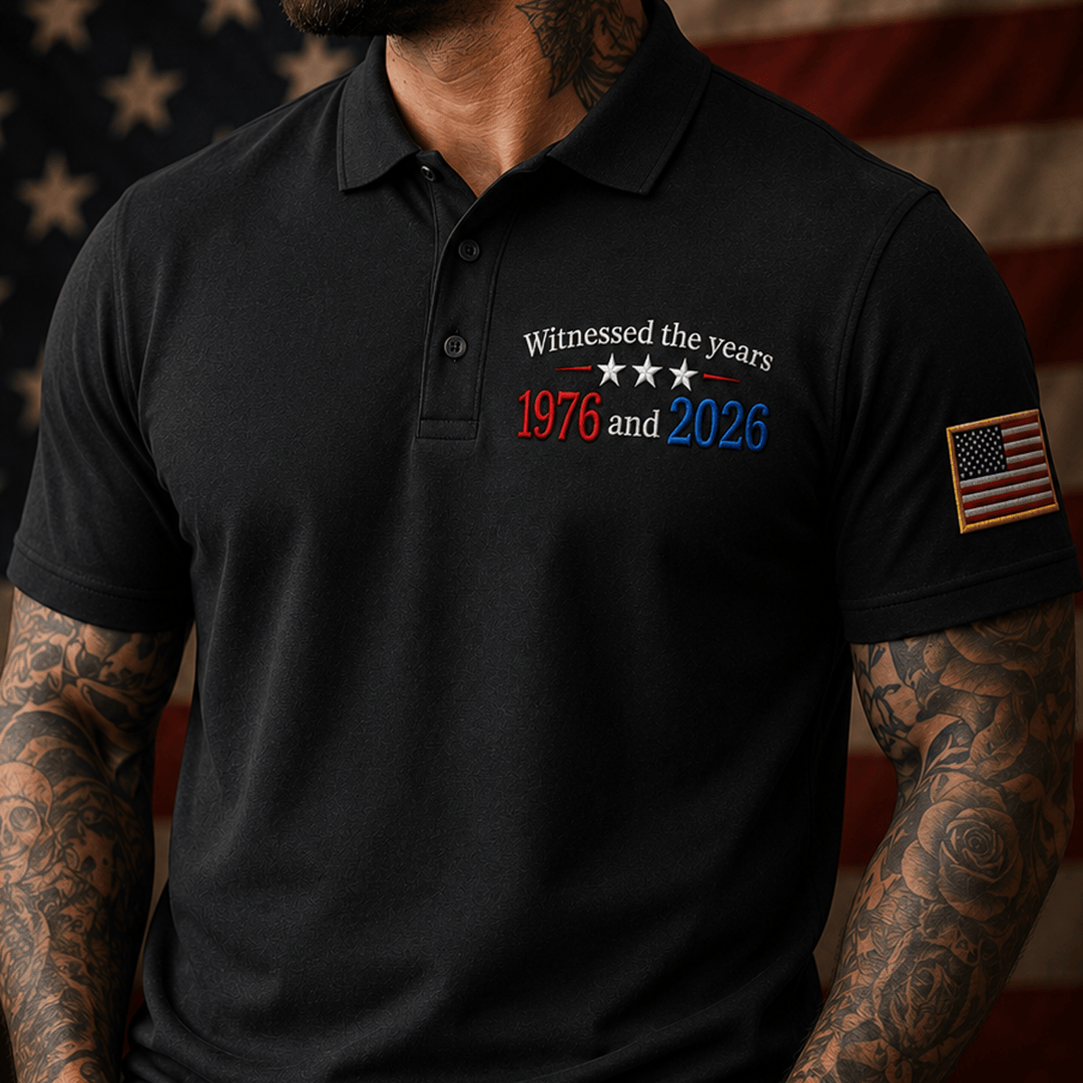Witnessed The Years 1976 And 2026 Printed Polo Shirt 250th Anniversary USA Flag Patriotic Father's Day Gift For Dad Grandpa