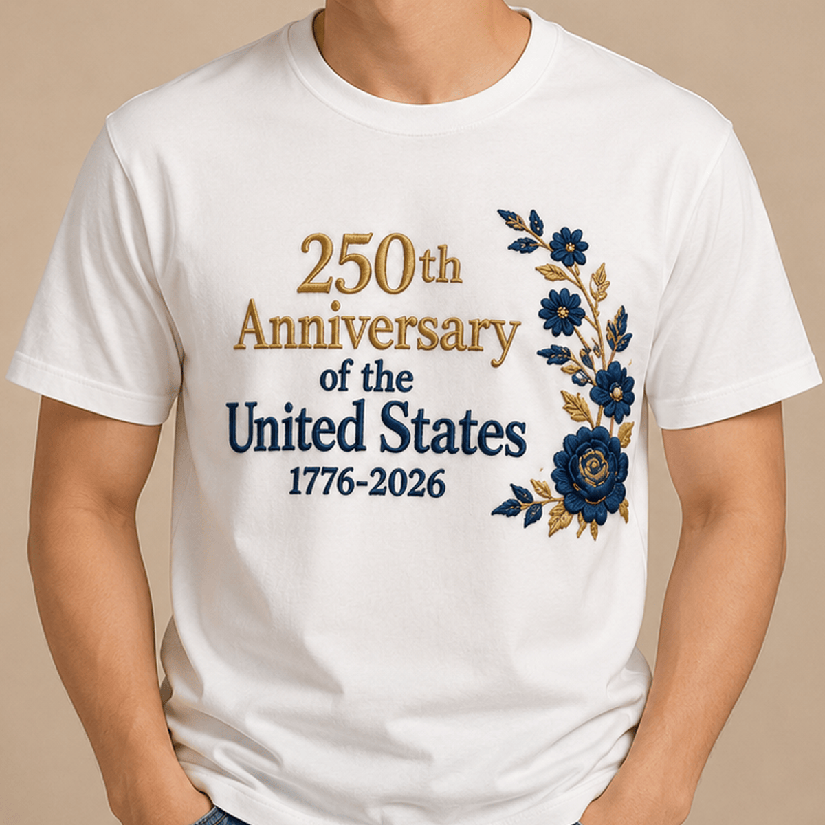 250th Anniversary of the United States 1776-2026 Printed T-Shirt Patriotic Floral USA Semiquincentennial Gift For Women