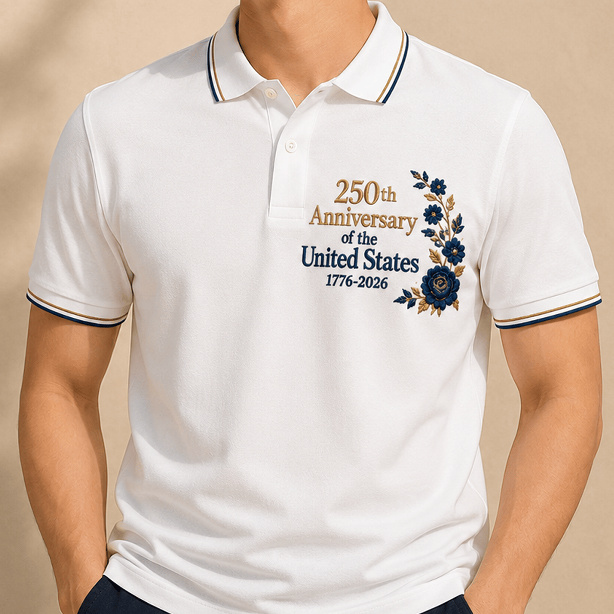 250th Anniversary of the United States 1776-2026 Printed Polo Shirt Patriotic Floral USA Semiquincentennial Gift For Women