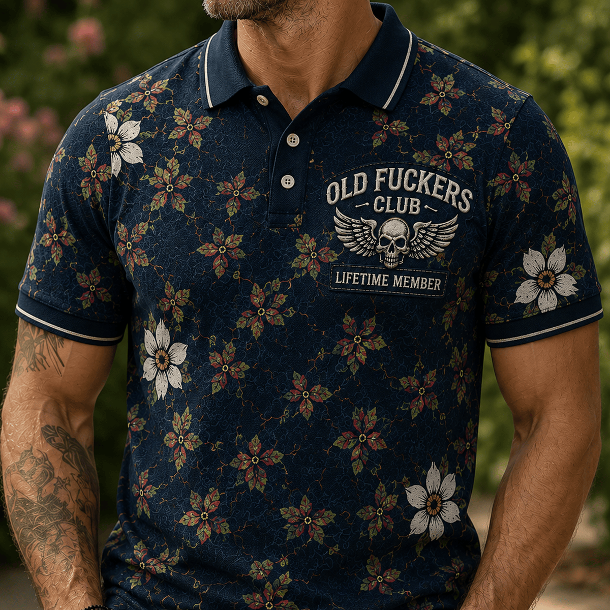 Old Fuckers Club Lifetime Member Printed Polo Shirt Skull Wing Floral Pattern Funny Gift For Grandpa Dad Father's Day