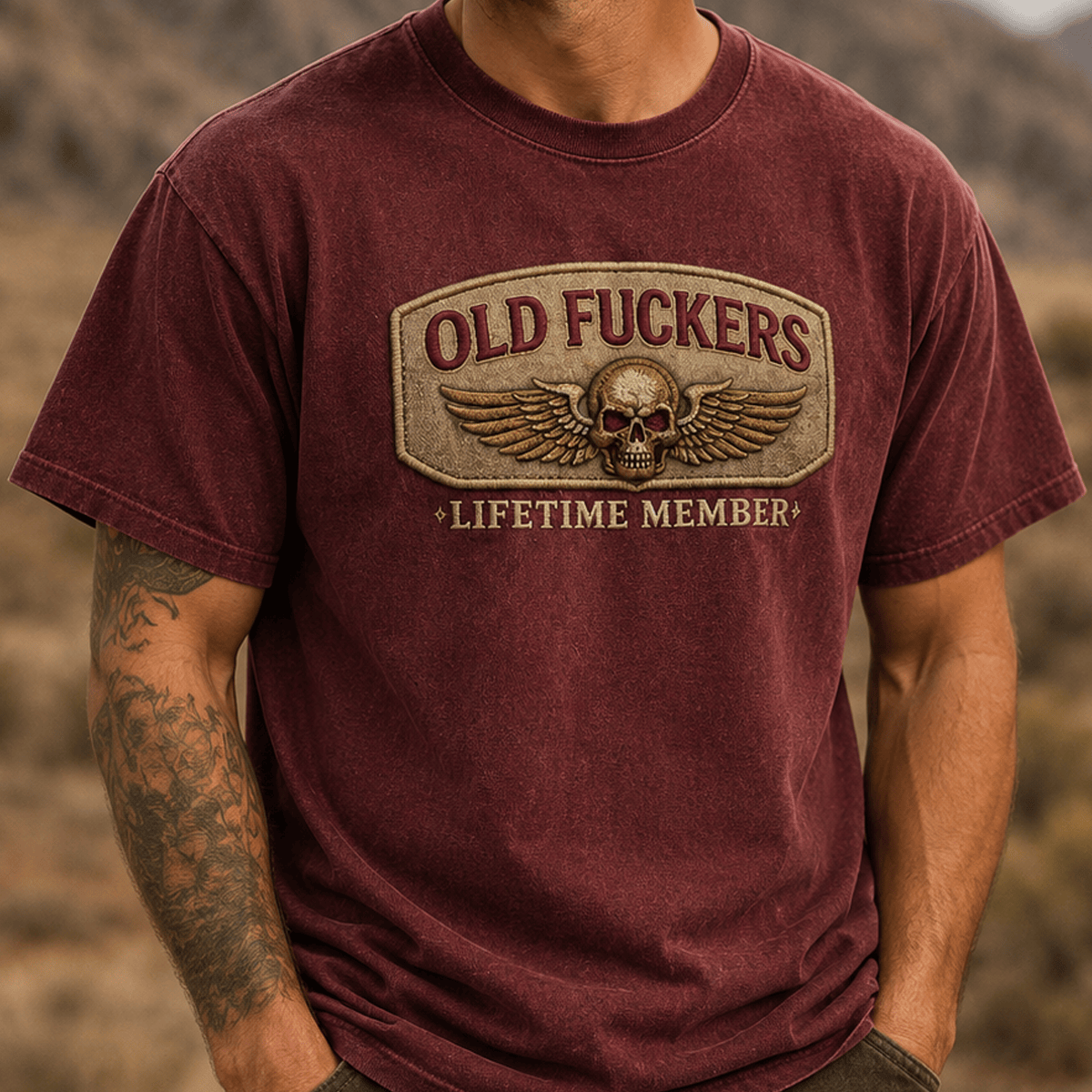 Old Fuckers Lifetime Member Printed T-Shirt Skull Wing Vintage Biker Gift For Dad Grandpa Father's Day Graphic Tee