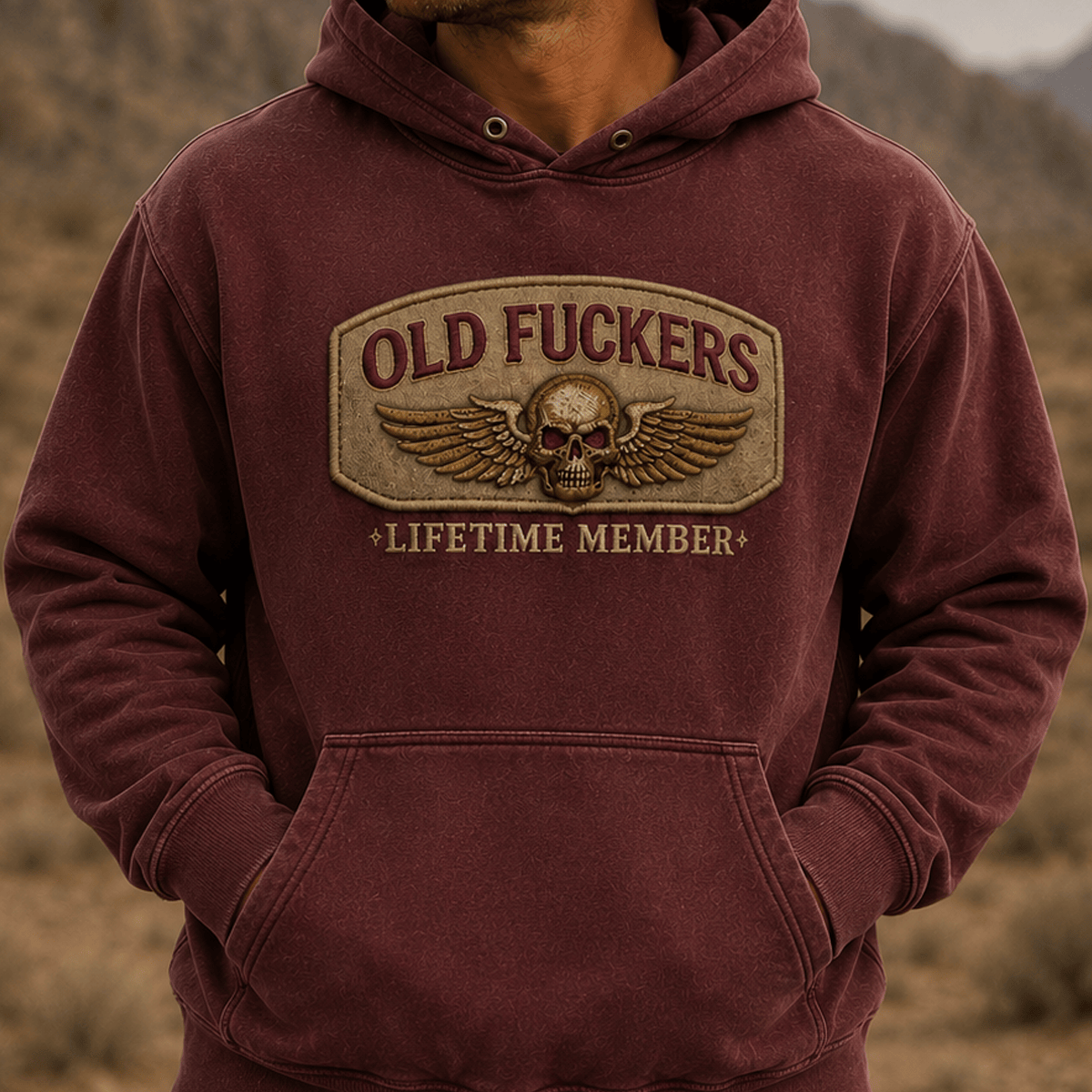 Old Fuckers Lifetime Member Printed Hoodie Skull Wing Vintage Biker Dad Gift Grandpa Gift Father's Day Hooded Sweatshirt