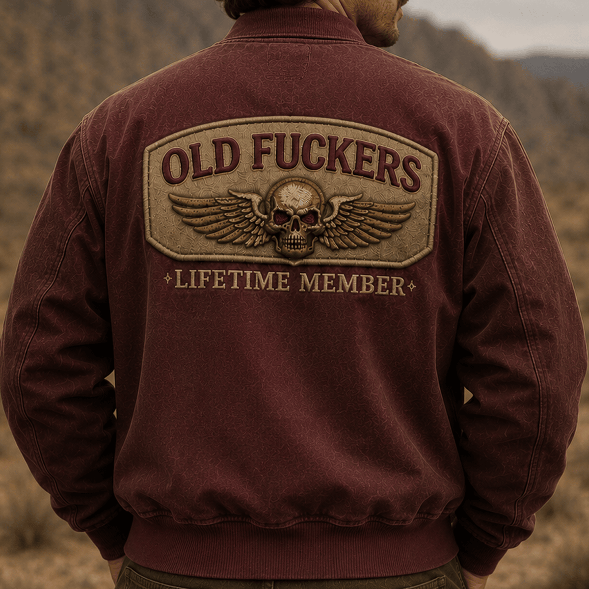 Old Fuckers Lifetime Member Printed Bomber Jacket Skull Wing Vintage Biker Dad Gift Grandpa Gift Father's Day Outerwear Jacket
