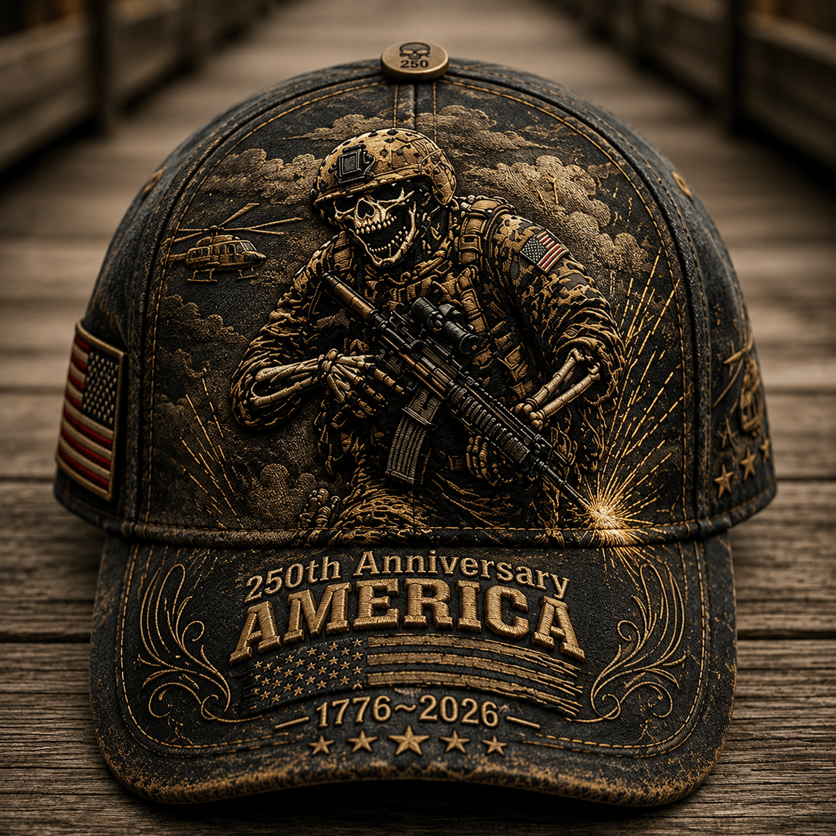 250th Anniversary America 1776-2026 Printed Cap Patriotic Skull Soldier Veteran Hat Father's Day Gift for Dad Military USA Flag