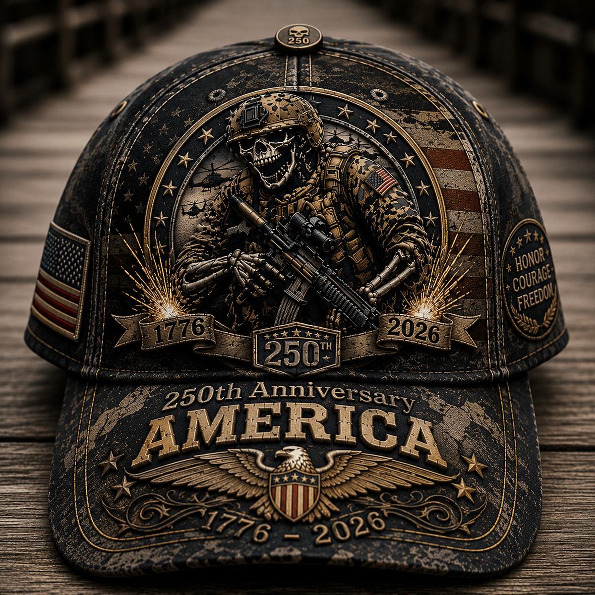 Honor Courage Freedom 250th Anniversary America 1776-2026 Printed Cap Patriotic Veteran Hat Father's Day Gift for Dad USA Flag